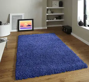 Modern Large Navy Blue Fluffy Shaggy Area Rug For Living Room, Anti-Shed Thick Pile Floor Carpet - 160x230 cm