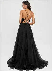 JJ's House Prom Dress Black Spaghetti Straps Long V-Neck Ball-Gown Princess Tulle 2025