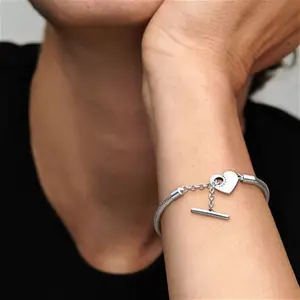 Pandora Moments Heart T-Bar Snake Chain Bracelet - Sterling Silver - Sz. 20 cm