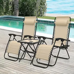 3 Piece Folding Zero Gravity Brown Chair Set with Table / Ultimate Comfort for Outdoor Relaxation