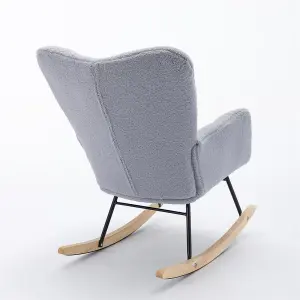 Mid Century Modern Teddy Fabric Tufted Upholstered Rocking Chair Padded Seat For Living Room Bedroom, Light Grey