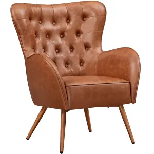 Yaheetech Retro Brown Faux Leather Accent Chair with Metal Legs and Tufted High Back