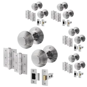 AFIT Beehive Door Knob Set Satin Chrome - 4 Pairs of Reeded Mortice Knobs (55mm), Latch (76mm) & Hinges (76mm) for Internal Doors