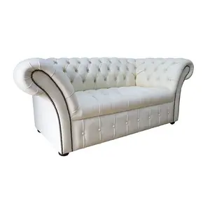 Chesterfield 2 Seater Buttoned Seat Cottonseed Real Leather Sofa Settee In Balmoral Style