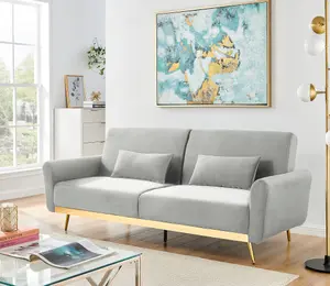 Libbie 3 Seater Light Grey Velvet Sofa Bed with Gold Detail