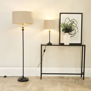 ValueLights Maggie Black Metal Candlestick Floor Lamp with Beige and Metallic Gold Shade and LED Bulb