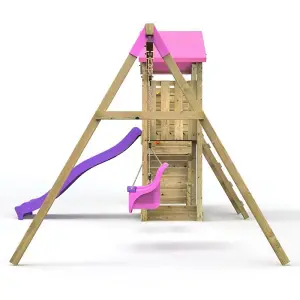 Rebo Wooden Climbing Frame with Vertical Rock Wall, Swing Set and Slide - Rainier+ Pink