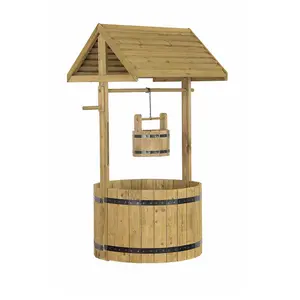 Large Wooden Wishing Well Planter - Decorative Pinewood Outdoor Garden Plant Pot with Plastic Liner - H100 x W60 x D40cm