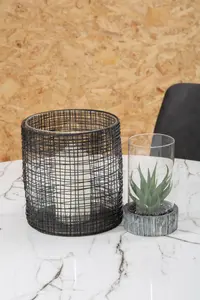 Interiors by Premier Cylindrical Black Lantern, Iron Wireframe Black Candle Holder, Indoor & Outdoor Decor with Glass Shade