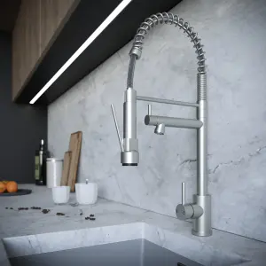 Kersin Grande Brushed Steel Multiuse Kitchen Mixer Tap with Swivel Spout and Spring Style Flexi Rinser Spray