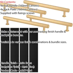 4 PACK - Pull Handle & Contrasting Backplate Set - Industrial Hex T Bar - Satin Brass & Black