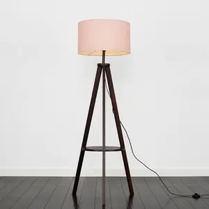 Ismay 149 cm Morrigan Wood Tripod Floor Lamp with Shelf & XL Reni Shade Grey / Pink / Yes