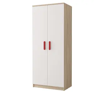 Smyk III 06 White Front Oak Sonoma Carcass Hinged Wardrobe 800mm H1930mm D500mm with Striking Red Handles