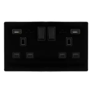 Matt Black Screwless Plate 2 Gang 13A DP   2 USB Twin Double Switched Plug Socket - Black Trim - SE Home