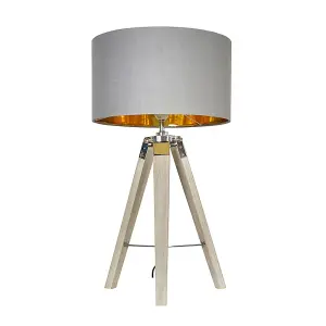 ValueLights Clipper Modern Light Wood and Chrome Tripod Table Lamp with Warm Grey Gold Drum Shade