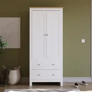 Morley 2 Door 2 Drawer Wardrobe With Hanging Clothes Rail Bedroom Furniture Fernleaf Finish: White