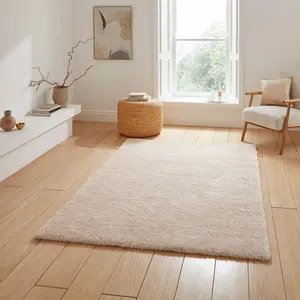 Cream Plain Shaggy 45mm Thick Stain-Resistant Rug For Bedroom, & Dining Room, Easy to Clean Modern Rug-160cm X 230cm