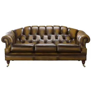 Chesterfield 3 Seater Sofa Settee Antique Gold Leather In Victoria Style