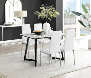 Furniturebox UK Carson White Marble Effect Dining Table & 4 White Milan Chrome Leg Chairs