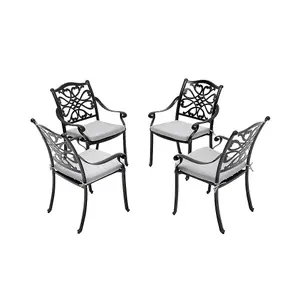 4Pcs Black Cast Aluminum Chairs Bistro Garden Armchair with Seat Cushions