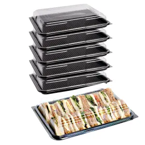 Caterline 5 x Small Catering Platters & Lids / Sandwich Platters (L340mm x W250mm x 70mm) Reusable Plastic Serving Platters