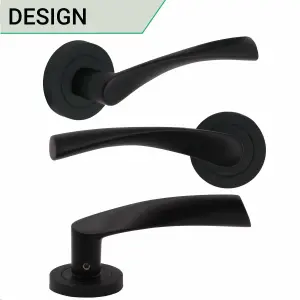 EAI - Black Door Handles Bathroom Swept Lever on Rose Kit / Pack - 64mm Bathroom Lock - 76mm Hinge - Matt Black