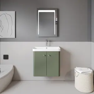 Wall Hung 2 Door Vanity Unit with Ceramic Sink - 600mm - Satin Green