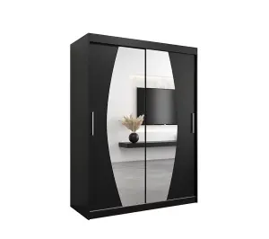 Elypse Contemporary 2 Mirrored Sliding Door Wardrobe 5 Shelves 2 Rails Black (H)2000mm (W)1500mm (D)620mm