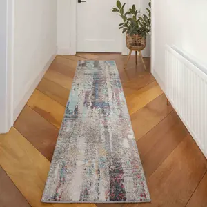 Blue Abstract Soft Distressed Fireside Living Area Rug 60cm x240cm