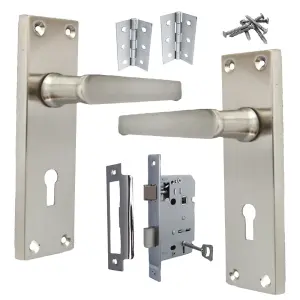 Door Handles Straight Lever Lock Keys Hinge Set - Satin 150 x 40mm