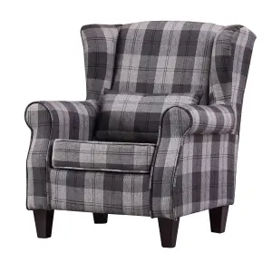 Grey Tartan Linen Wingback Armchair Tub Chair Retro Check Leisure Chair with Cushion