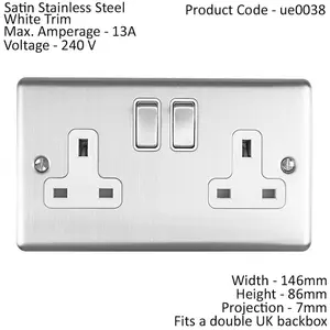 2 Gang Double UK Plug Socket SATIN STEEL 13A Switched White Trim Power Outlet