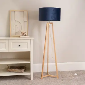 ValueLights Lottie Natural Wood Tripod Floor Lamp with Navy Blue Velvet Drum Shade