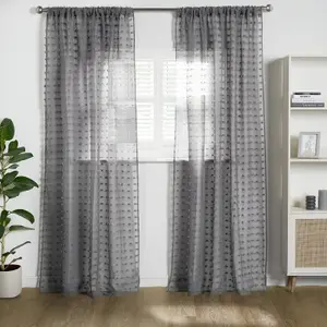 Textured Voile Net Curtains Pair 2 Window Panels Slot Top Set 55", Charcoal