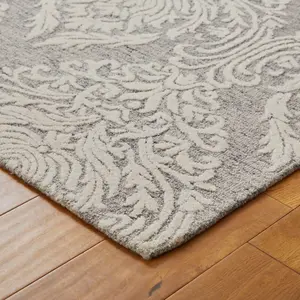 Handmade Modern Easy to Clean Floral Grey Ivory Wool Rug for Living Room & Bedroom-160cm X 230cm