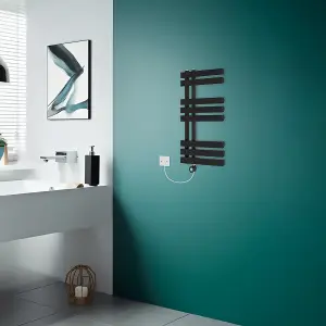 Rinse Bathrooms Designer Electric Thermostatic Heated Towel Rail D Shape Bathroom Ladder Style Radiator Warmer 800x450mm Black