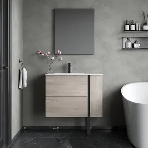 Banyetti Evora 800mm Wall Hung Basin Unit with Matt Black Handles - Iron Oak