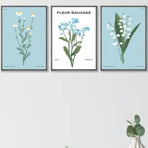 Set of 3 Framed Vintage Graphical Blue Spring Wild Flower Market / 42x59cm (A2) / Dark Grey