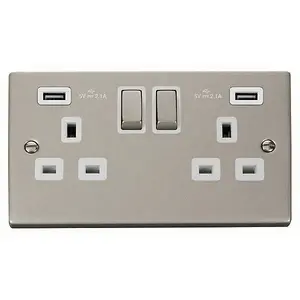 Pearl Nickel 2 Gang 13A DP Ingot 2 USB Twin Double Switched Plug Socket - White Trim - SE Home