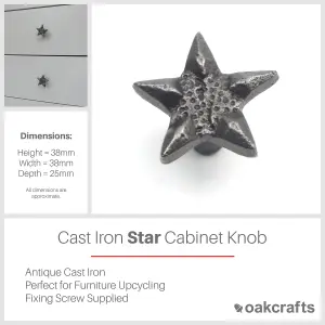 Oakcrafts - Small Antique Cast Iron Star Cabinet Knob - Approx 35mm - Pack of 4