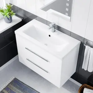 Nes Home Nanuya 800mm Gloss White Wall Hung 2 Drawer Vanity Cabinet & Ceramic Basin Sink