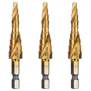 Rennie Tools Pack Of 5 x 3-12mm HSS Spiral Flute Step Drill Bit Titanium (TiN) Coated Cone / Hole Cutter For Steel Plastics & Wood