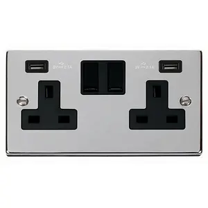 Polished Chrome 2 Gang 13A 2 USB Twin Double Switched Plug Socket - Black Trim - SE Home