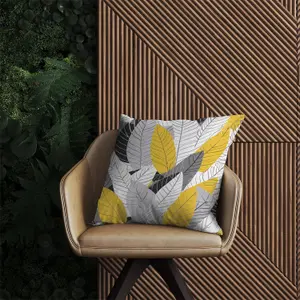 Yellow Grey Feather Leaves Outdoor Cushion 60cm x 60cm