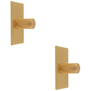 2 PACK - Knurled Cylinder Cabinet Door Knob & Matching Backplate - Satin Brass 76 x 40mm