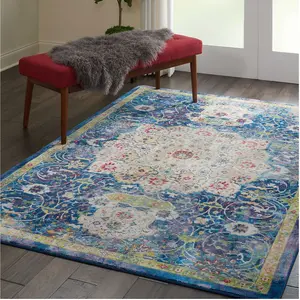 Blue Floral Traditional Easy to Clean Rug for Living Room Bedroom and Dining Room-71 X 244cm (Runner)