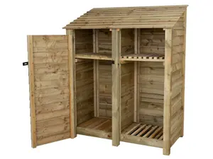 Wooden tool and log store, garden storage with shelf W-146cm, H-180cm, D-88cm - natural (light green) finish