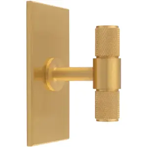 Knurled T Bar Cabinet Door Knob & Matching Backplate - Satin Brass 76 x 40mm