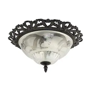 Traditional and Classic Matt Black and Frosted Floral Glass Flush Ceiling Light