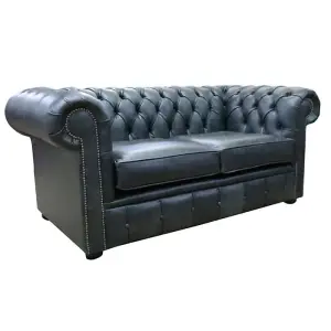 Chesterfield Handmade 2 Seater Sofa Settee Cracked Wax Black Real Leather In Stock